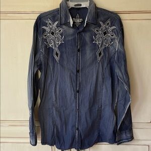 Roar Men's Dark Blue Embroidered Casual Shirt